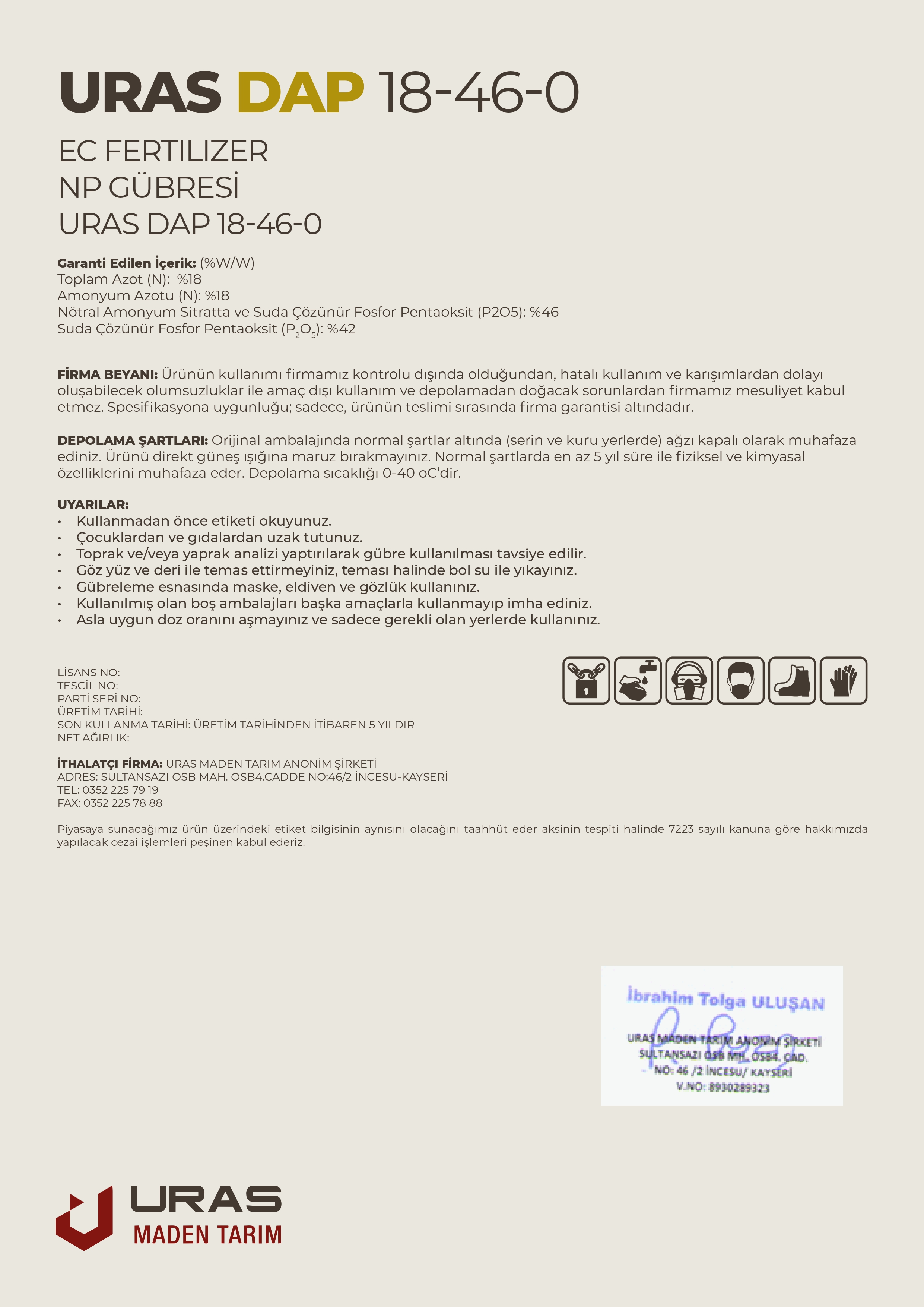 Uras DAP Ürün Etiketi Arka Yüz